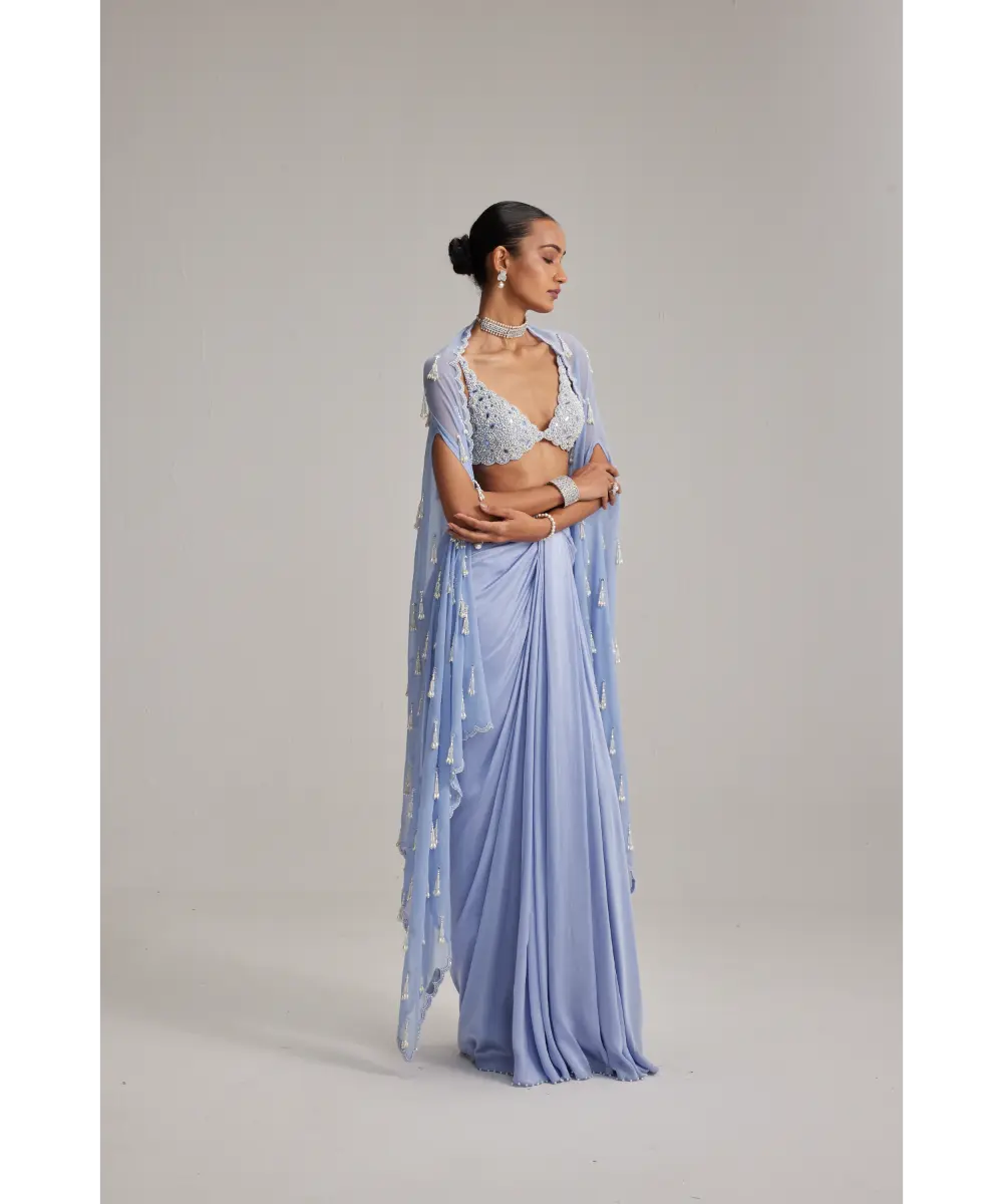 VVANI VATS- Dew Blue Cape And Satin draped skirt Set